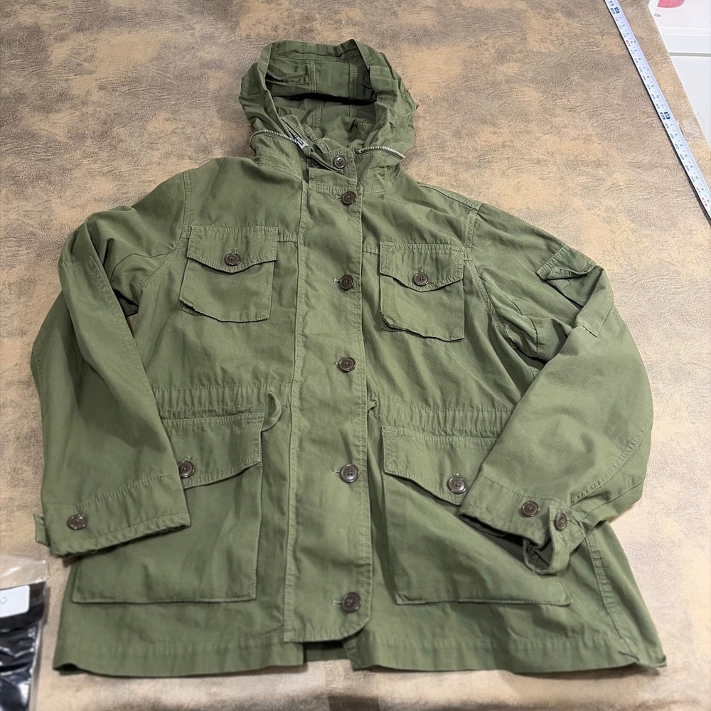 J Crew Utility Field Jacket Womens XL Green Hooded Military Cargo Cotton 4240